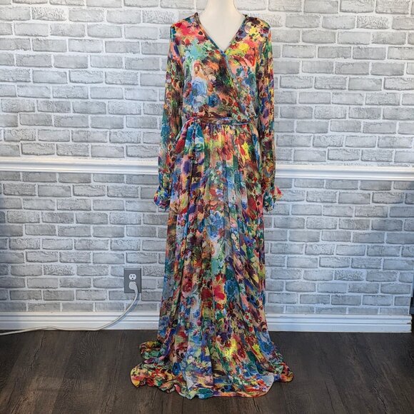 Karen J Chiffon Watercolor Floral Maxi Dress Long Sleeve L Made in USA Feminine - Picture 10 of 10